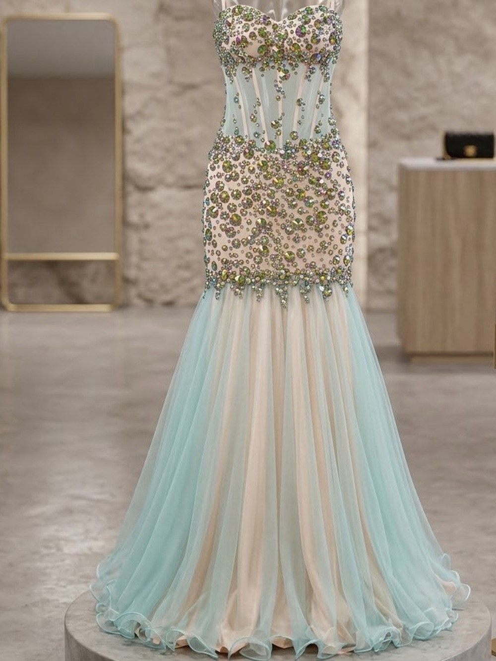 Fiesta Beaded Strapless Mermaid Gown in Mint and Cream